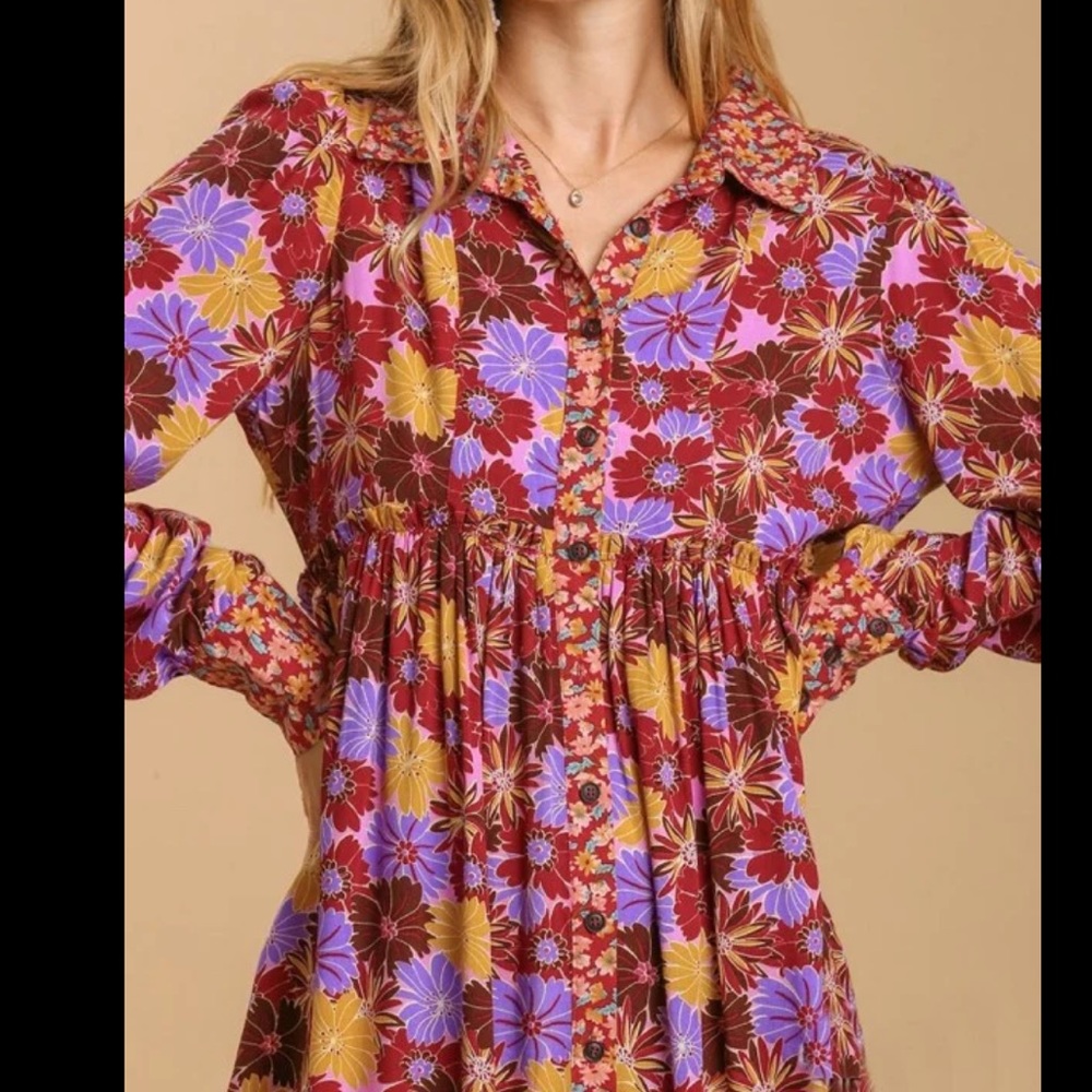 Umgee Floral Mini Dress in Burgundy, Mustard & Lavender